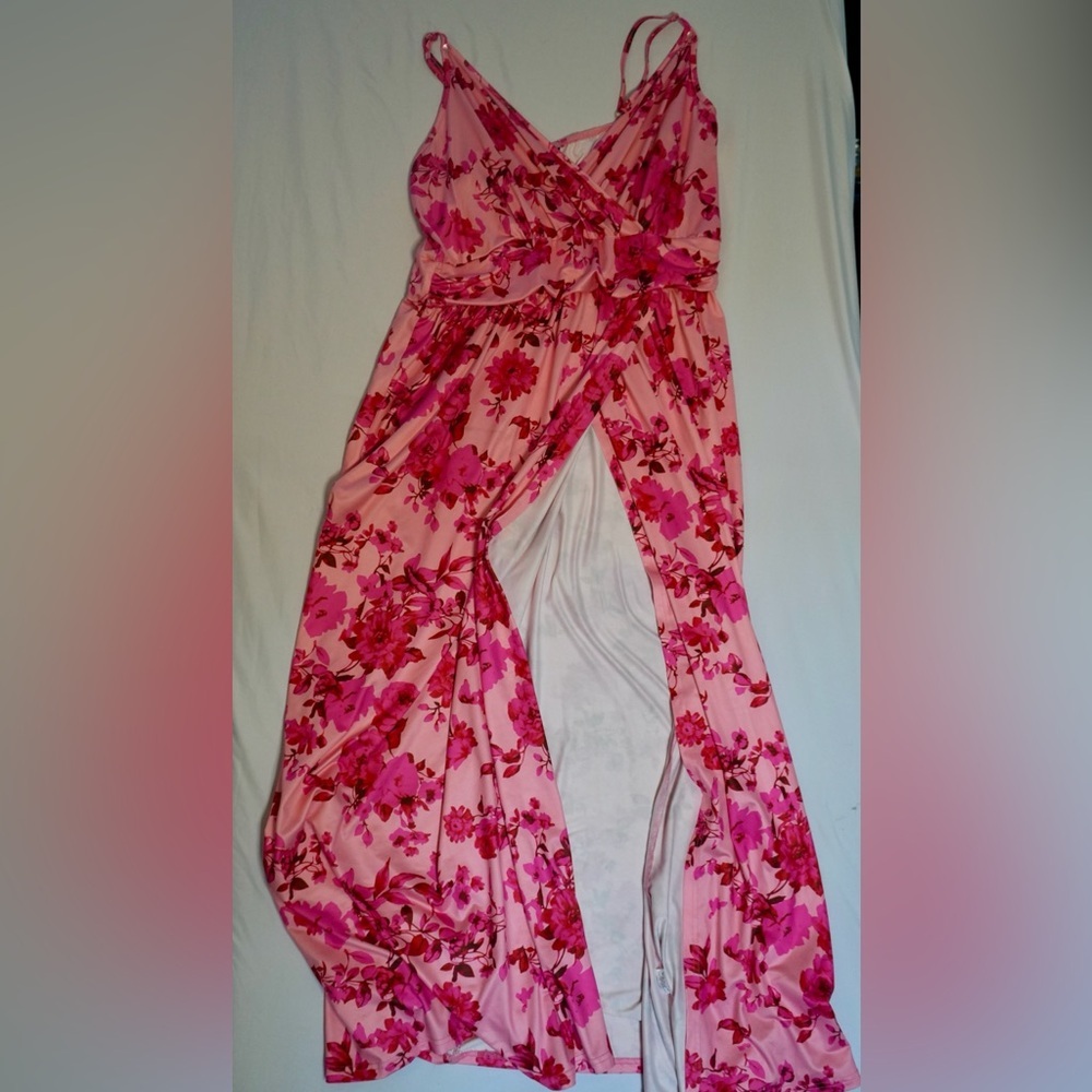 Pink Floral V-Neck Maxi Dress with Front Slit and Adjustable Straps